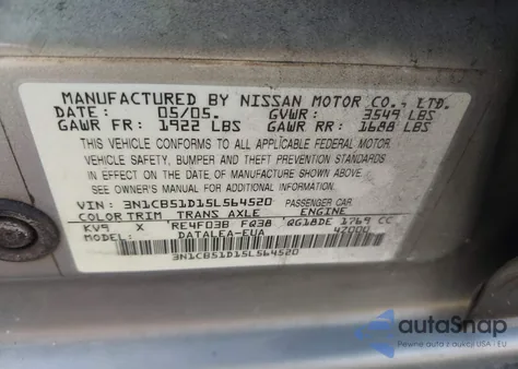 2005 Nissan Sentra 1.8S z USA, uszkodzony, nr VIN 3N1CB51D15L564520